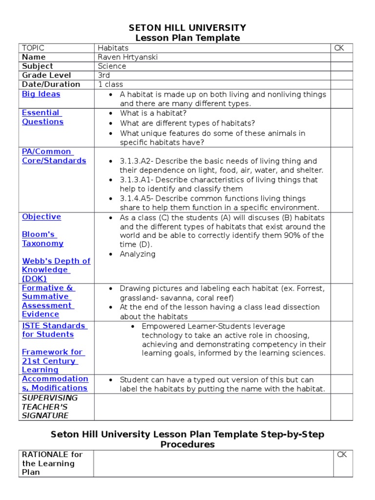 Seton Hill University Lesson Plan Template: Name Subject Grade Level ...