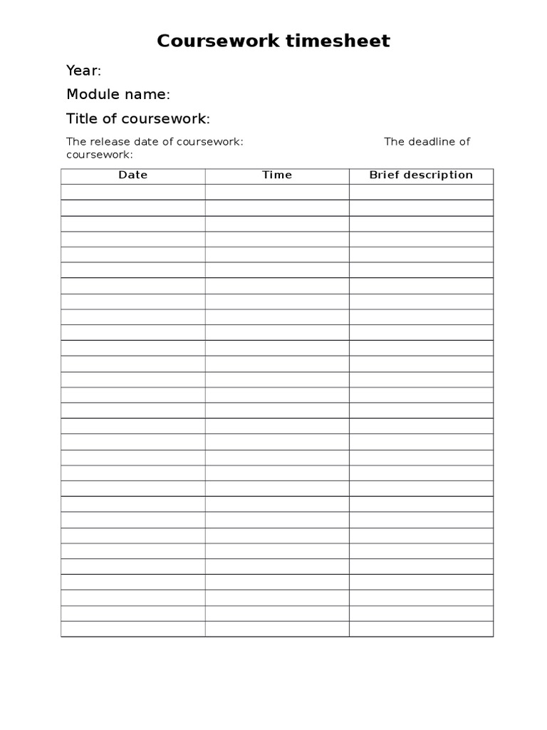 Coursework Timesheet: Year: Module Name: Title of Coursework | PDF