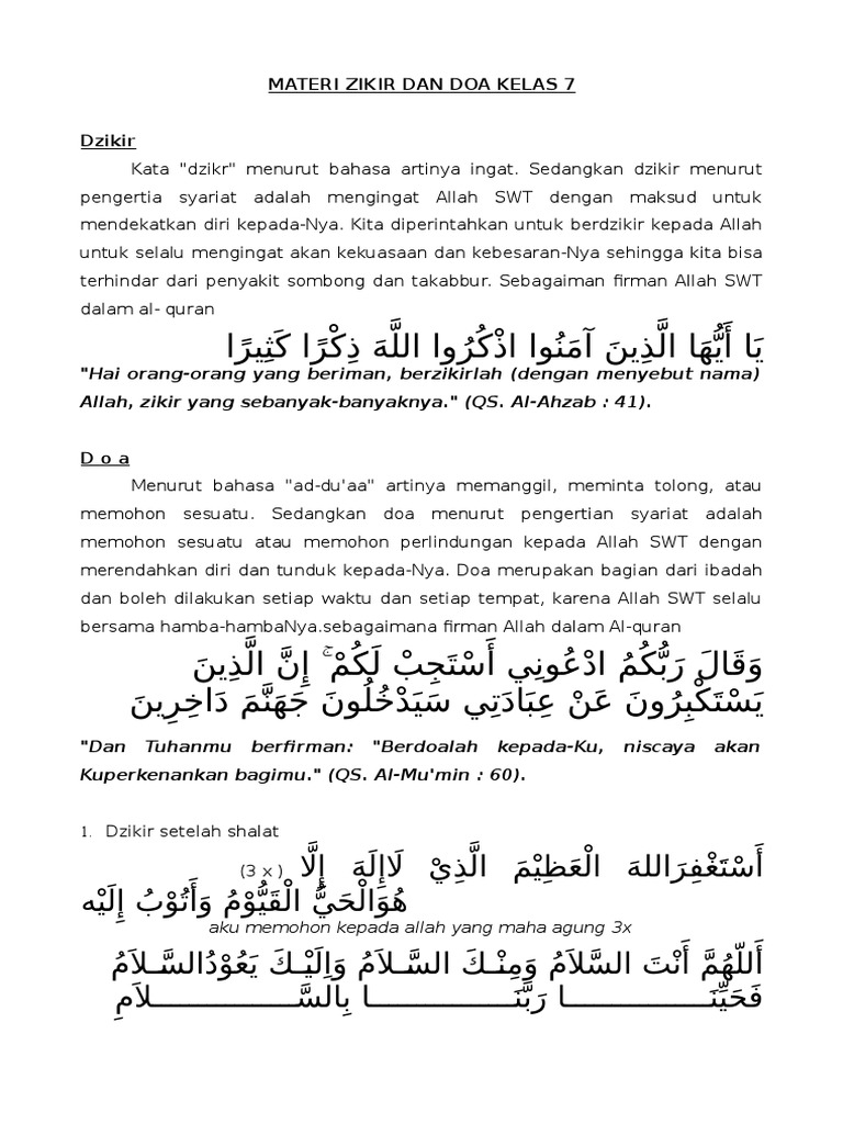 Materi Zikir Dan Doa Kelas 7