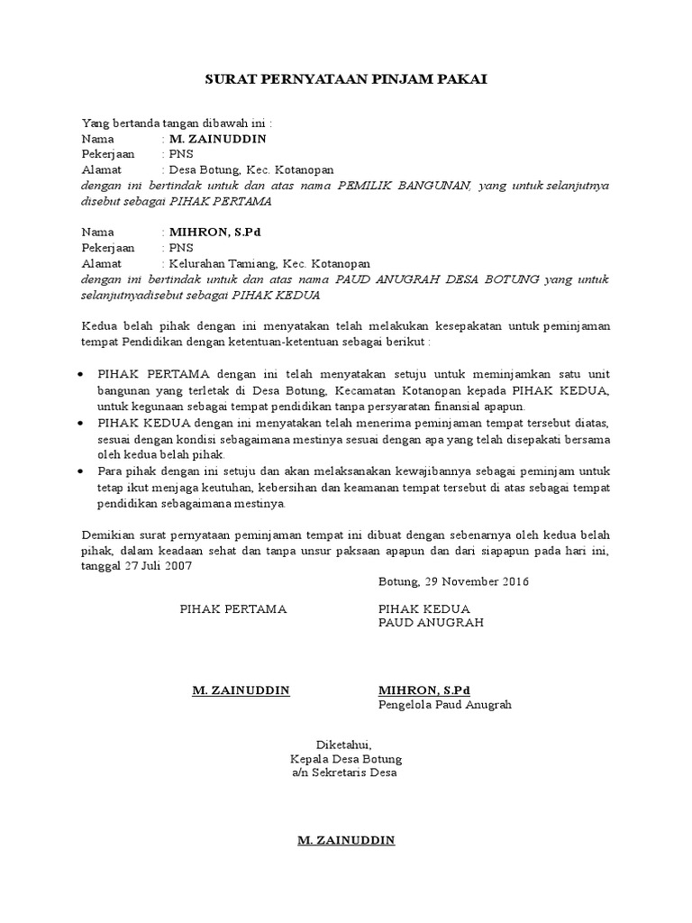 Surat Pernyataan Jam Pakai