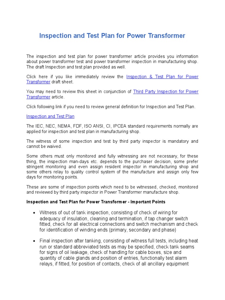 Power Transformer Inspection Plan | PDF | Transformer | Specification ...