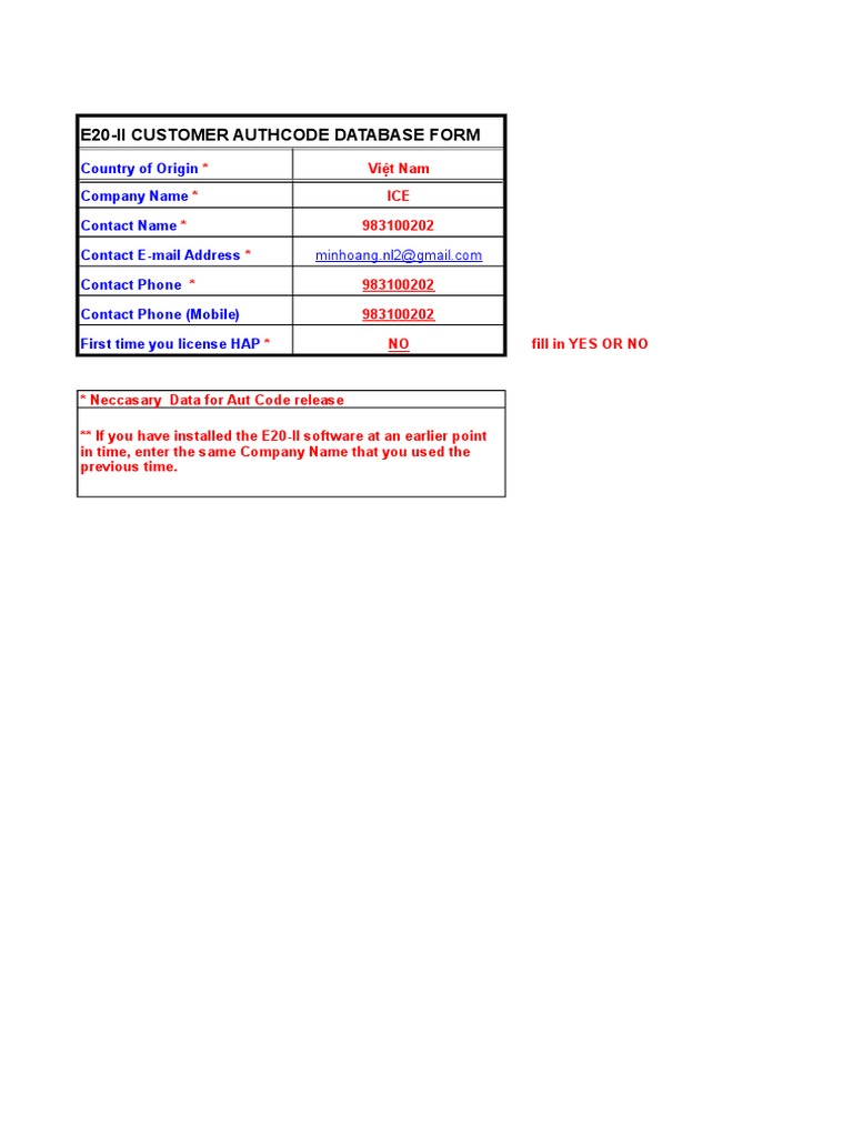 E20-Ii Customer Authcode Database Form: Việt Nam ICE 983100202 ...