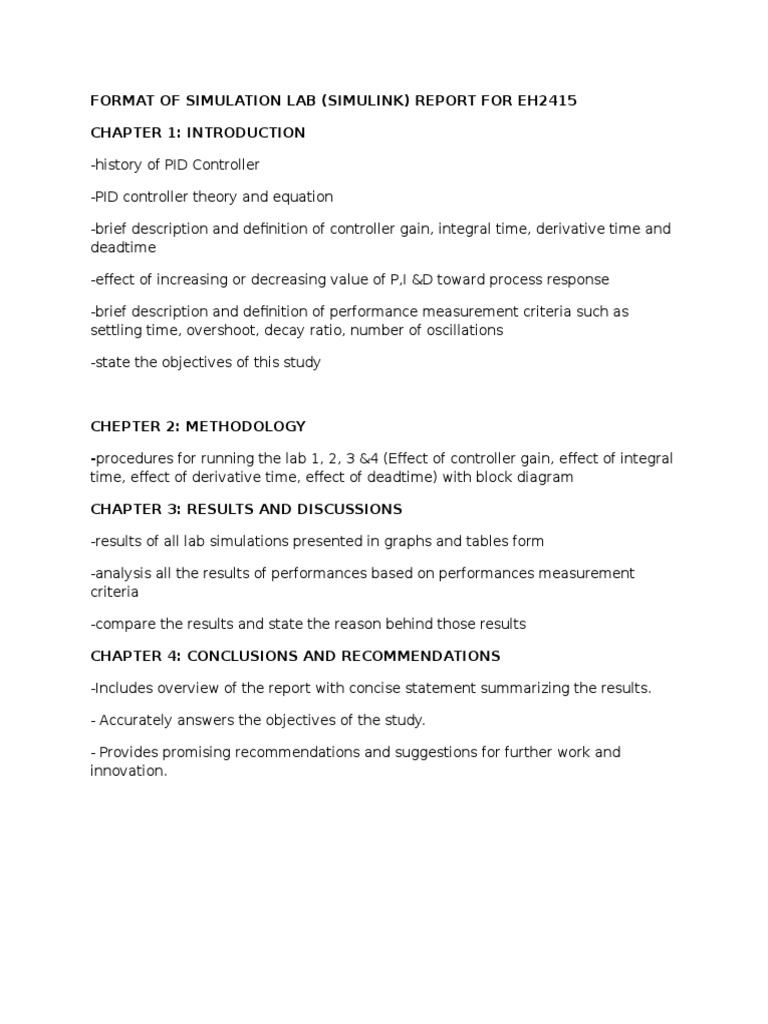 Format of Simulation Lab Report (Simulink) Eh2415 PDF Control