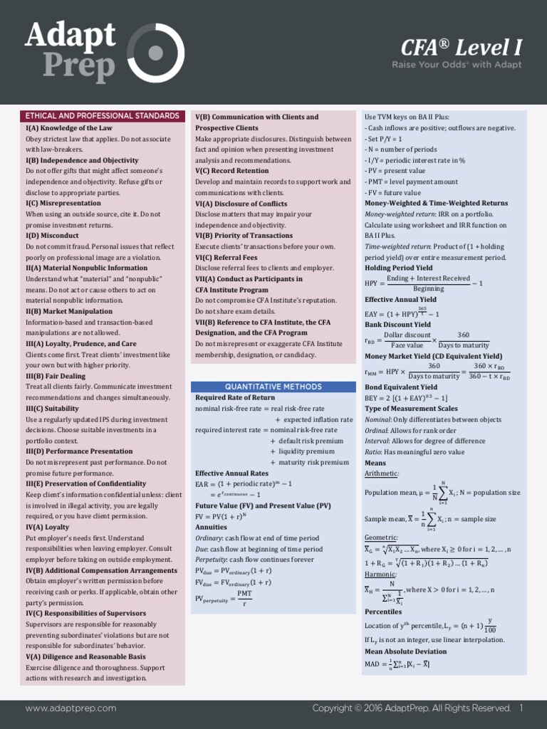 CFA Level I FormulaSheet Net Present Value Market Power