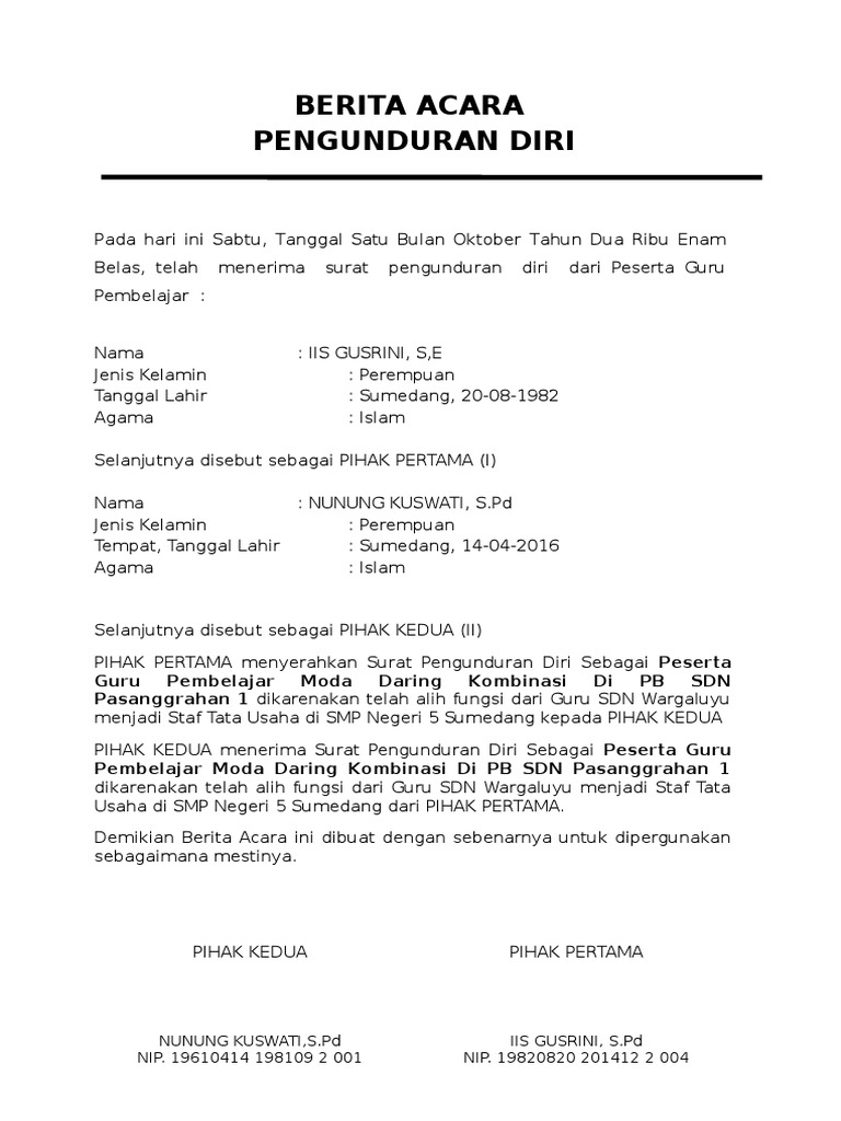 Berita Acara Pengunduran Diri Pdf