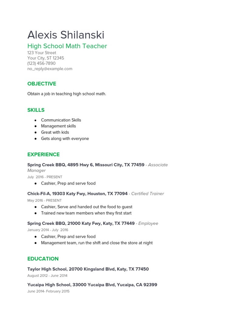 High School Math Teacher Resume | PDF | Career & Growth