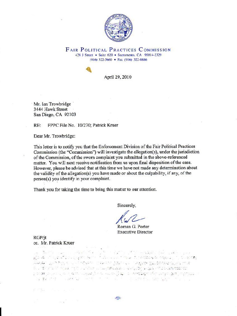 FPPC Investigation Notification | PDF | Social Science | Law