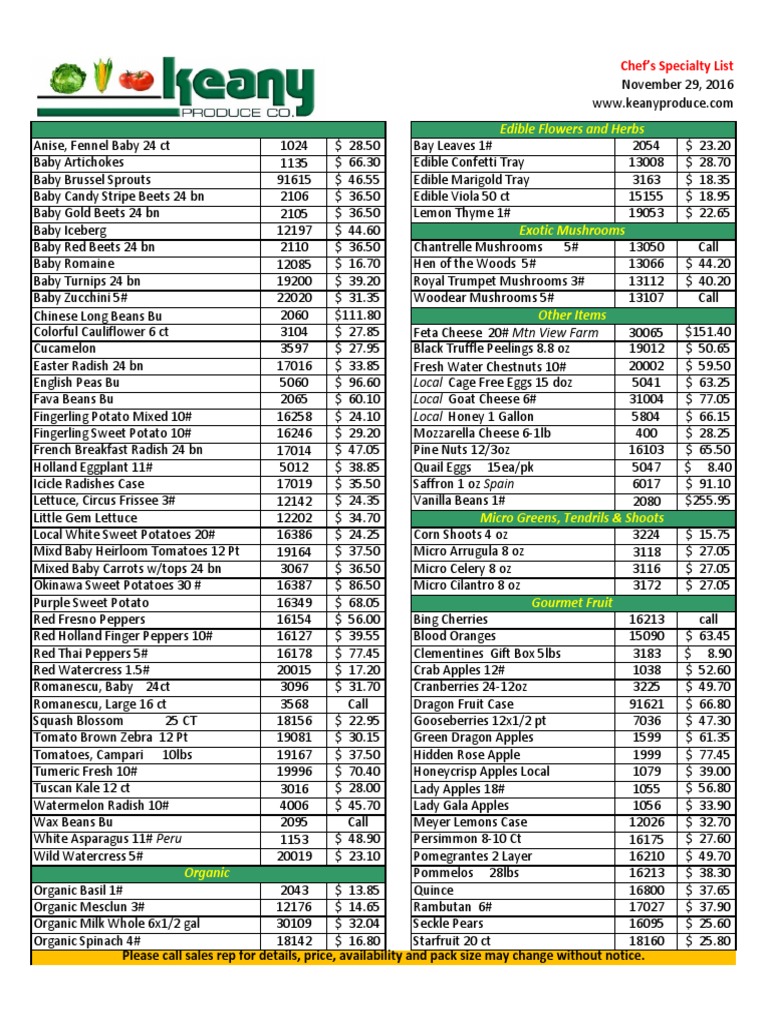Fresh Produce Price List 2023 | PDF