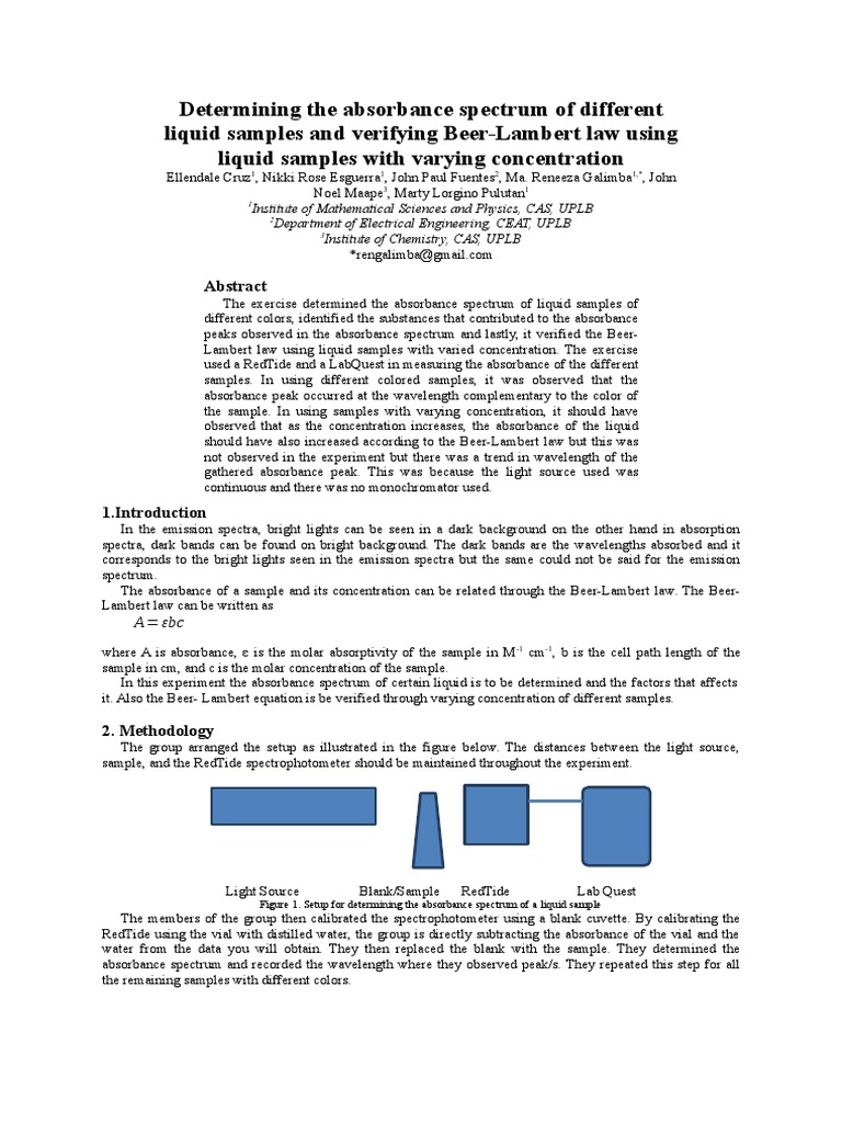BeerLambert Law PDF Absorbance Spectrophotometry