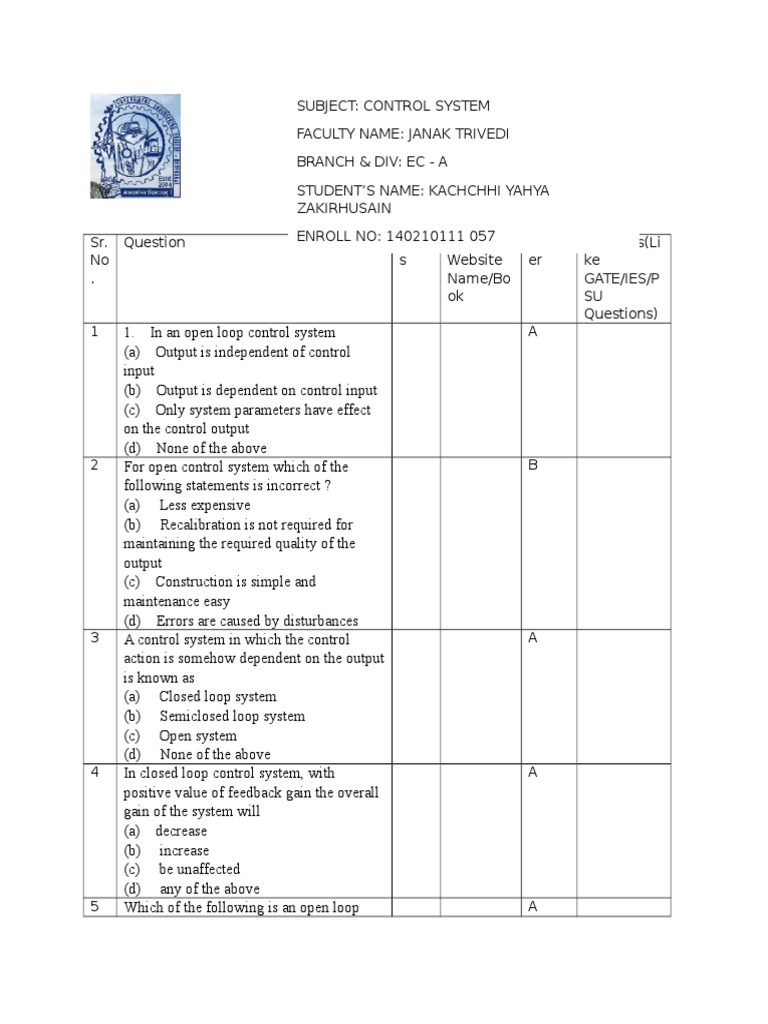 Control System MCQ PDF Control System Feedback