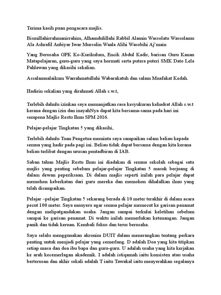 Teks Ucapan Sempena Majlis Restu Ilmu | PDF