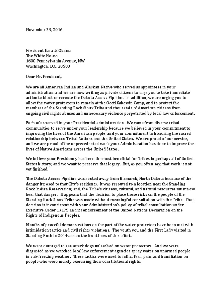Letter To The President Re DAPL.11.28.16 | Standing Rock Indian ...
