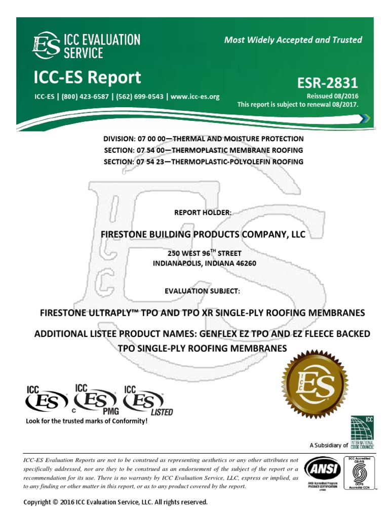 ICCES Report Firestone TPO Roofing Material Roof Building