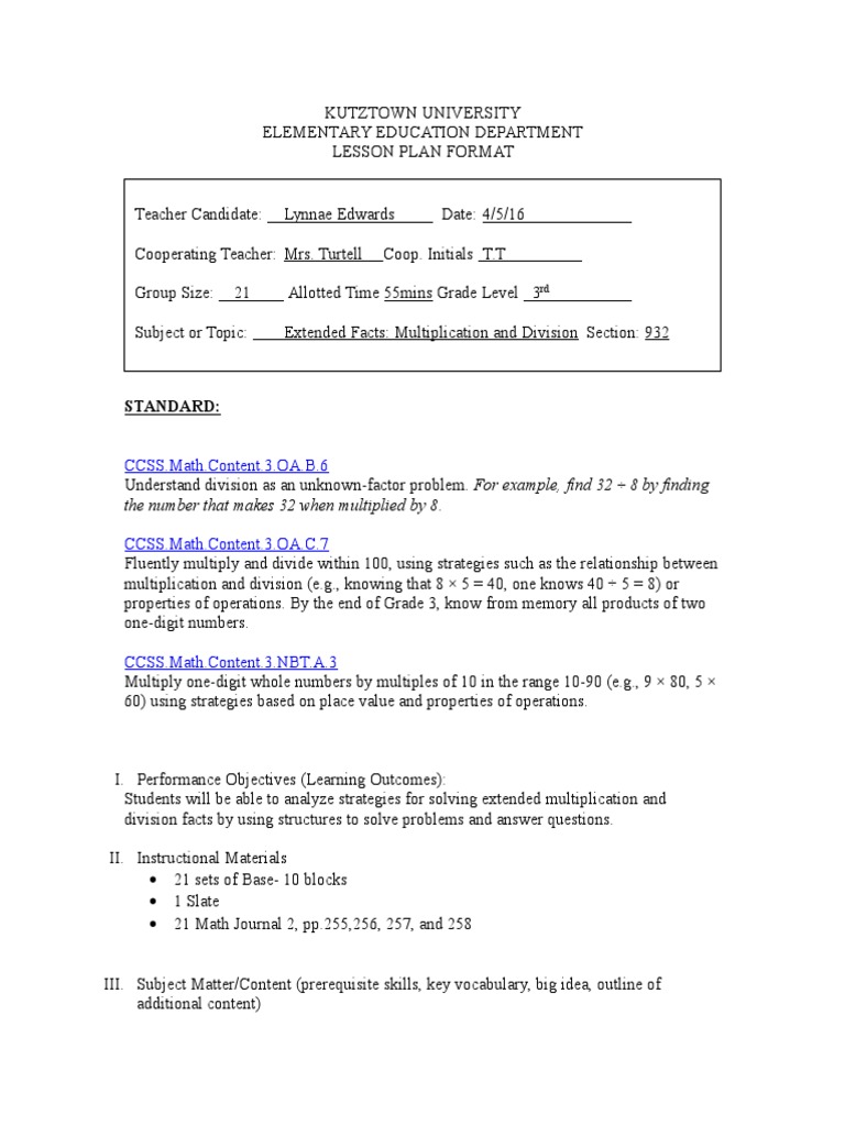 Grade 3 Math Lesson Plan: Multiplication & Division | PDF | Educational ...