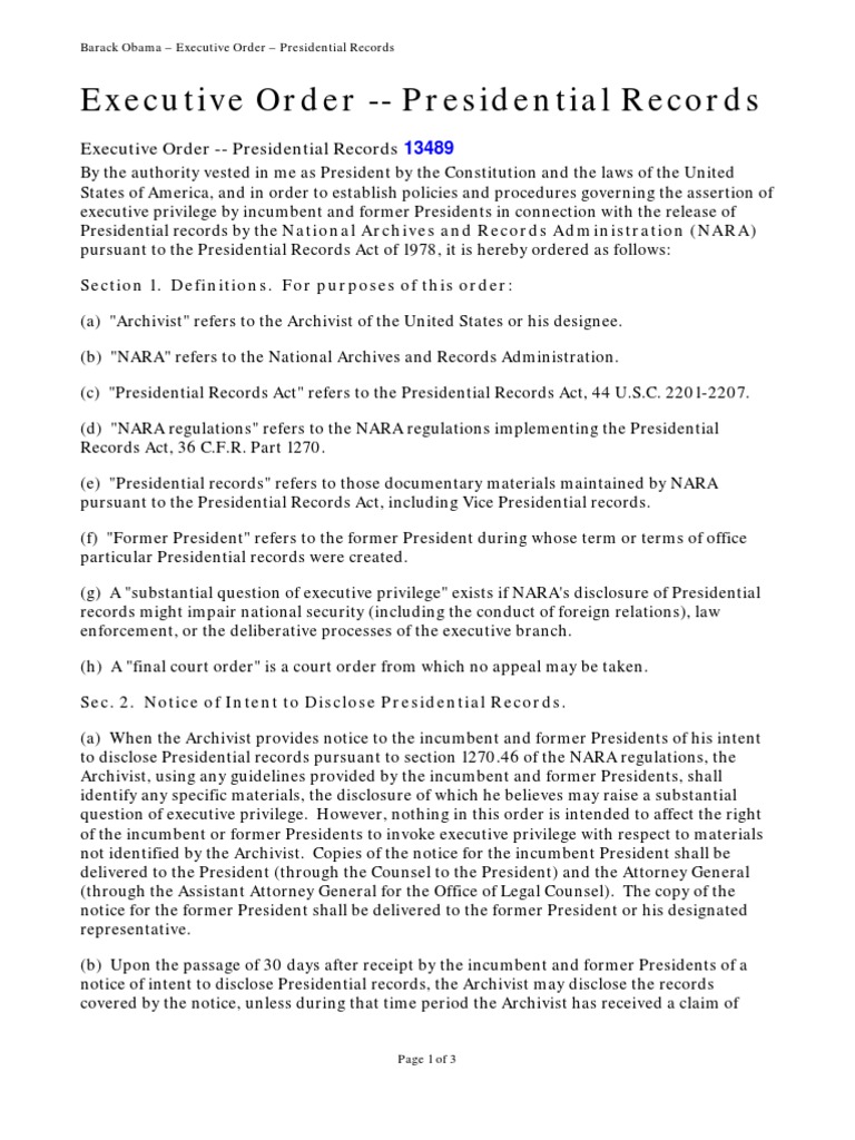 Barack Obama Executive Order 13489 PDF Presidents Of The United States American Government