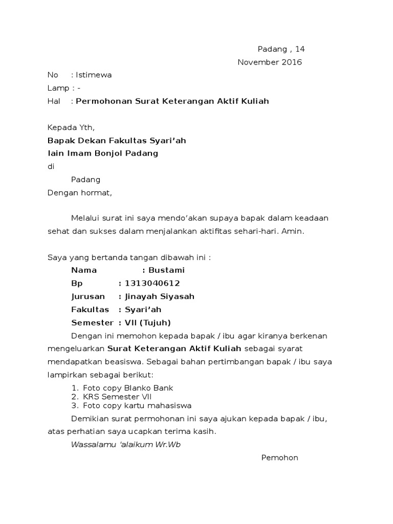 Surat Permohonan Aktif Kuliah