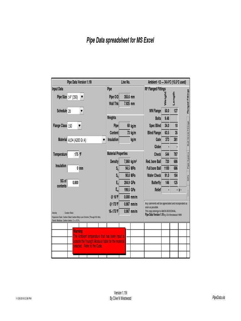 Pipe Data Spreadsheet for Excel | PDF | Science & Mathematics | Computers