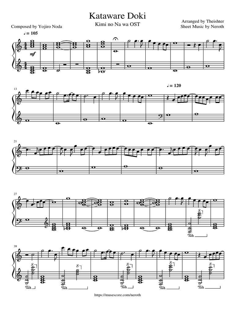 Kimi No Na Wa Kataware Doki Piano Sheet