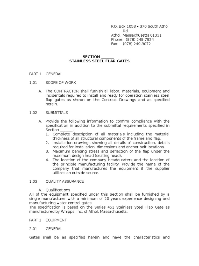 Stainless Steel Flap Gate Specification | PDF | Flap (Aeronautics) | Screw