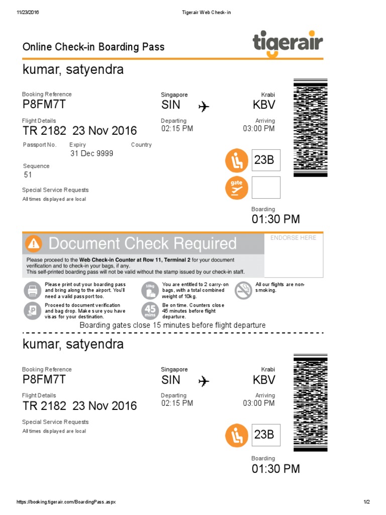 Tigerair Flight TR 2182 Check-in Info | PDF