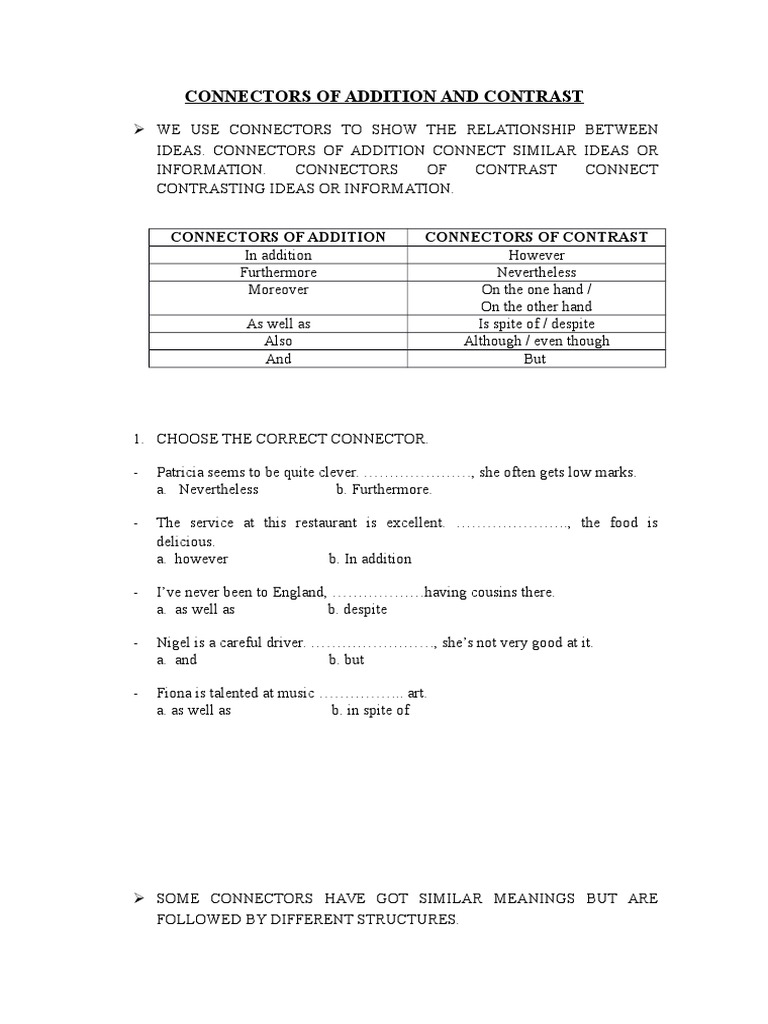 Addition and Contrast Connectors Guide | PDF | Rules | Linguistic ...