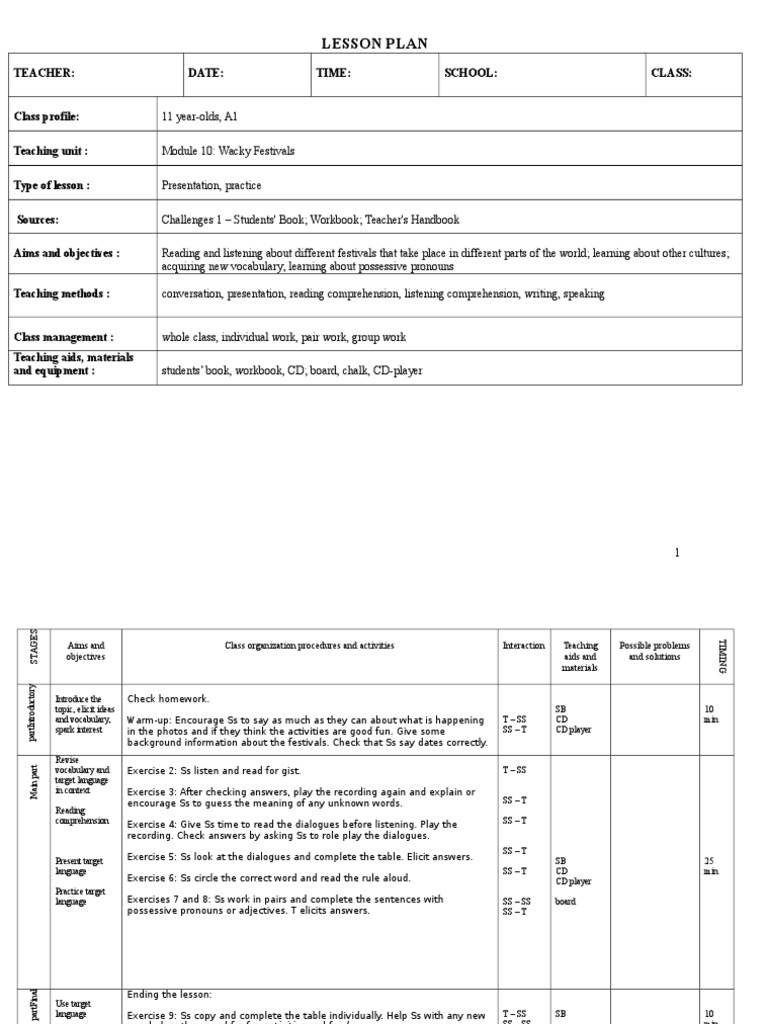 Lesson Plan: Teacher: Date: Time: School: Class | PDF