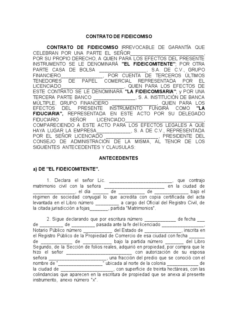 Ejemplo de Contrato de Fideicomiso | PDF | Ley de fideicomiso | Subasta