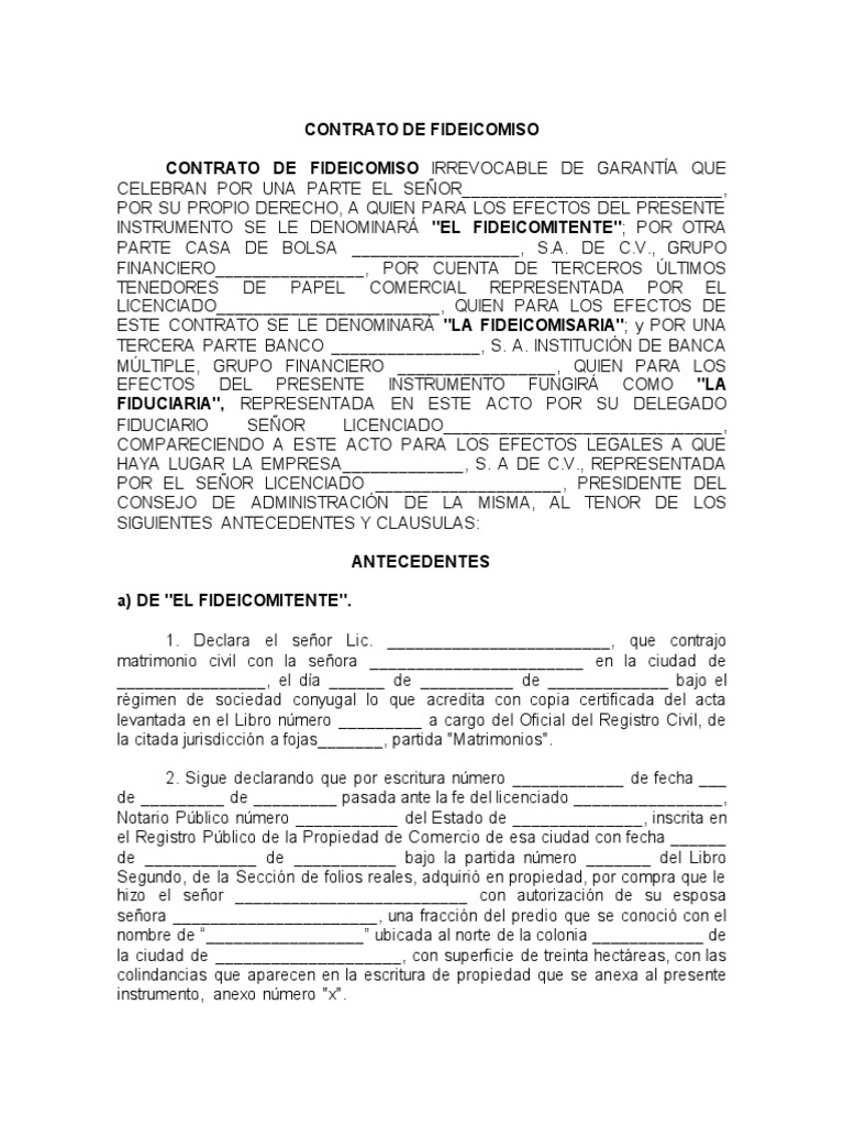 Contrato de Fideicomiso (Formato) | PDF | Ley de fideicomiso | Subasta