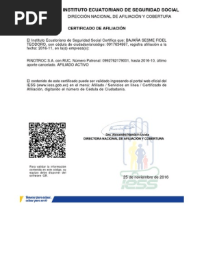 Instituto Ecuatoriano De Seguridad Social Certificado De Afiliacion