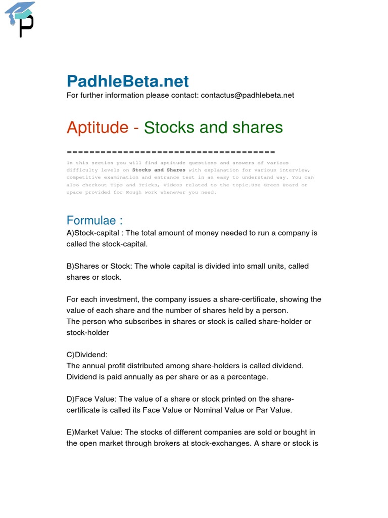 Aptitude Stocks and Shares PDF Stocks Dividend