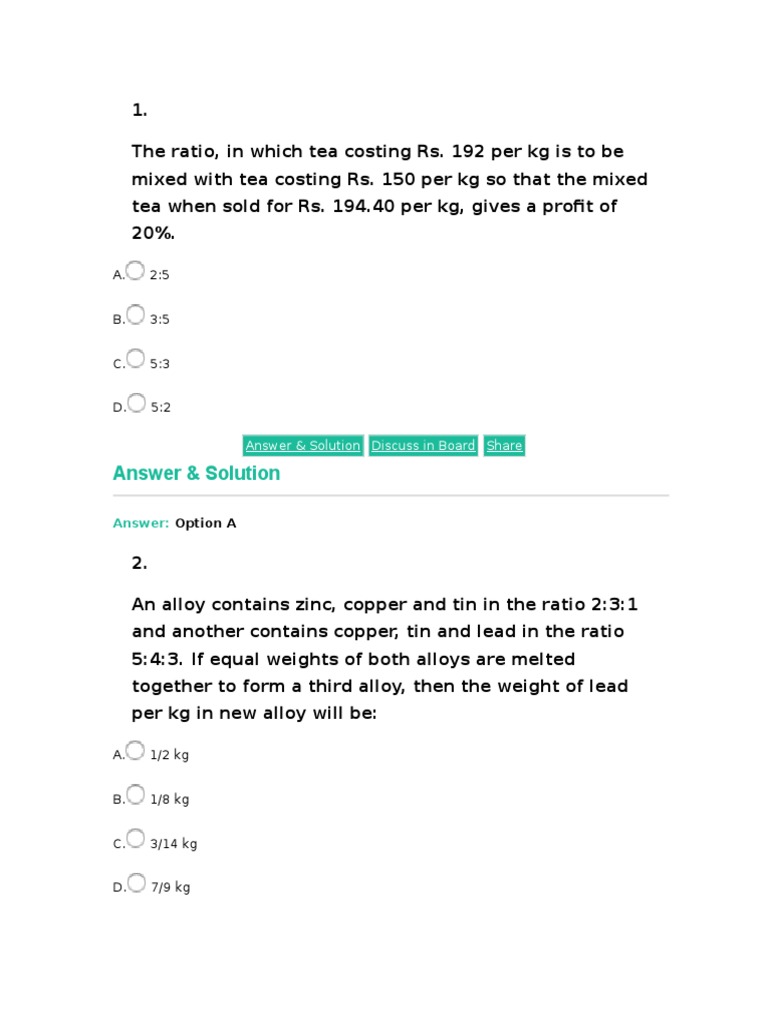 Mixing Ratios in Beverages and Alloys | PDF | Concentration | Ratio