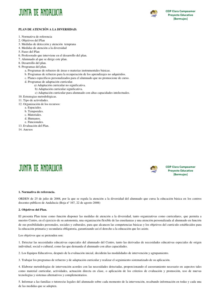 Plan de Atención a la Diversidad Escolar | PDF | Educación especial ...