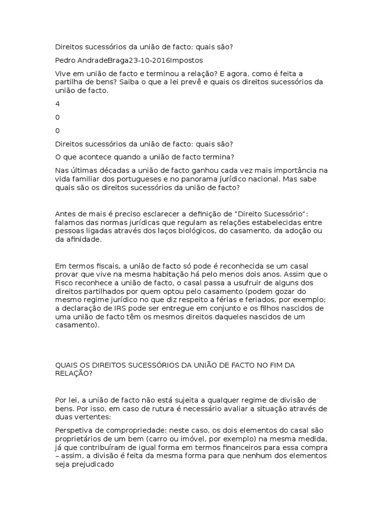 Direitos Sucessórios Da União de Facto | União Estável | Instituições ...