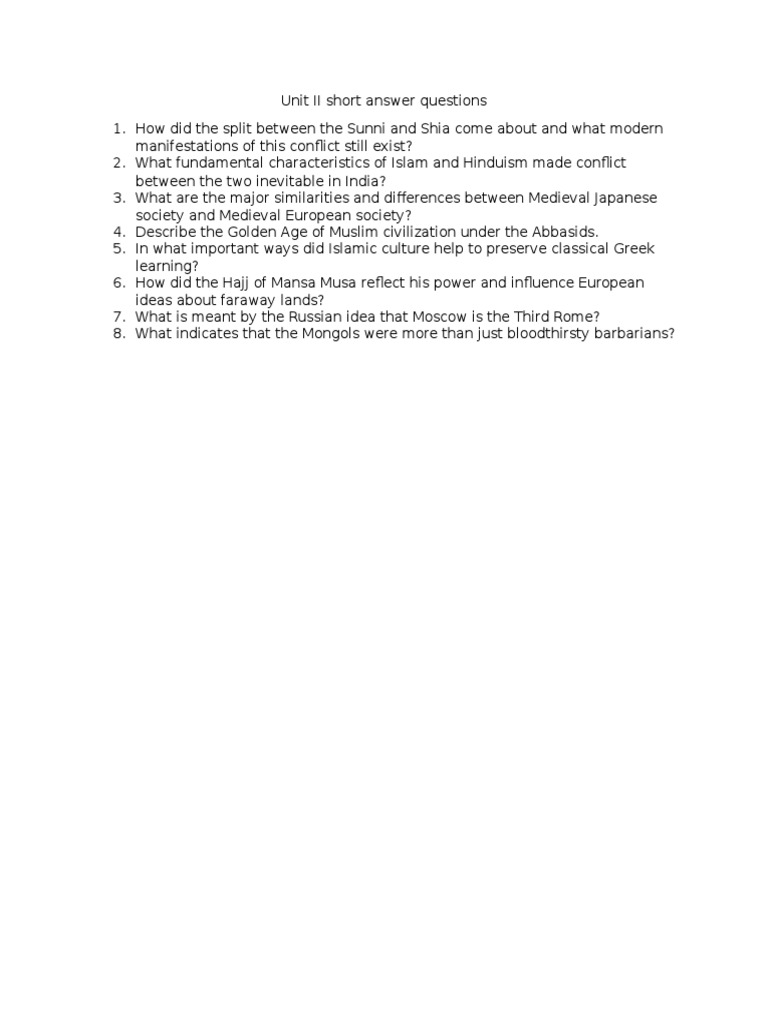 Unit II Short Answer Questions | PDF | Abrahamic Religions | Middle East