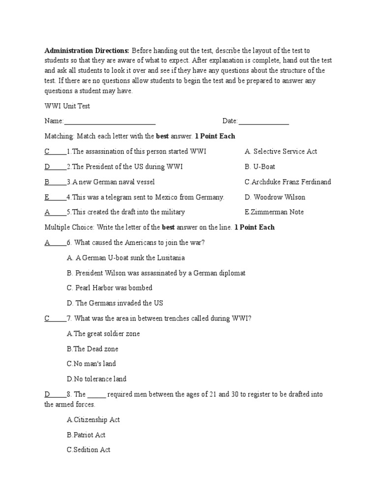 WWI Unit Test and Answer Key | PDF | Woodrow Wilson | World War I