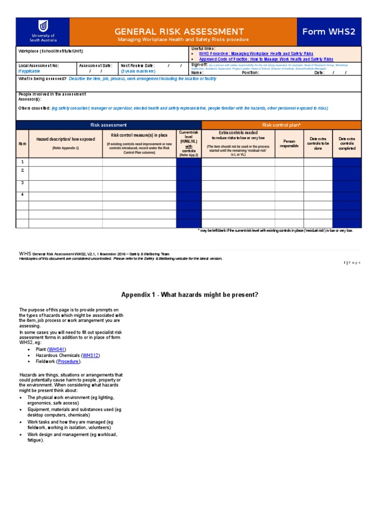 General Risk Assessment Form WHS2: Managing Workplace Health and Safety ...