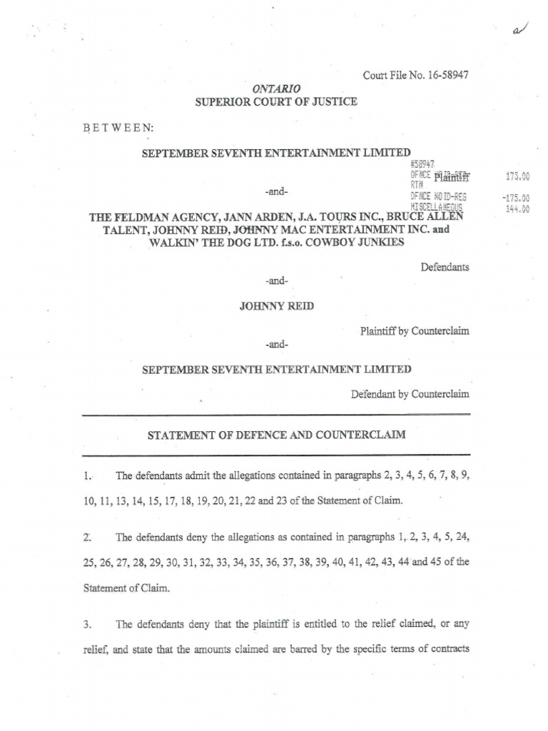 Statement of Defence and Counterclaim | PDF