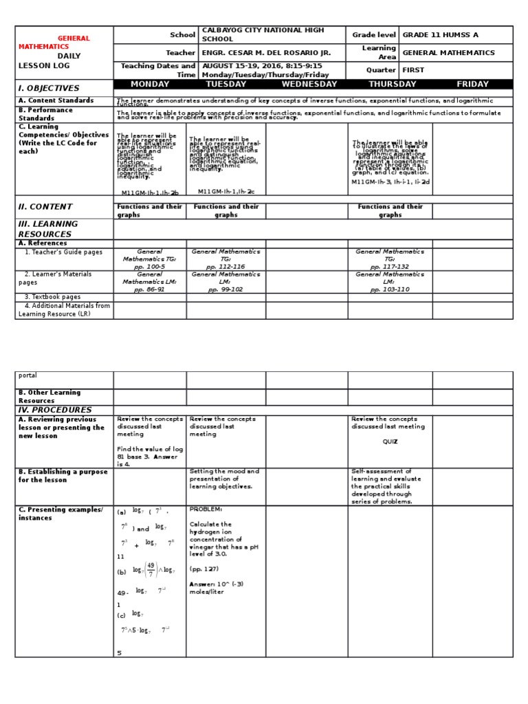 Gen Math HUMMS Daily Lesson Log | PDF | Logarithm | Decibel