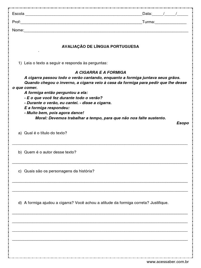 Avaliação de Língua Portuguesa 3º Ano | PDF | Lazer