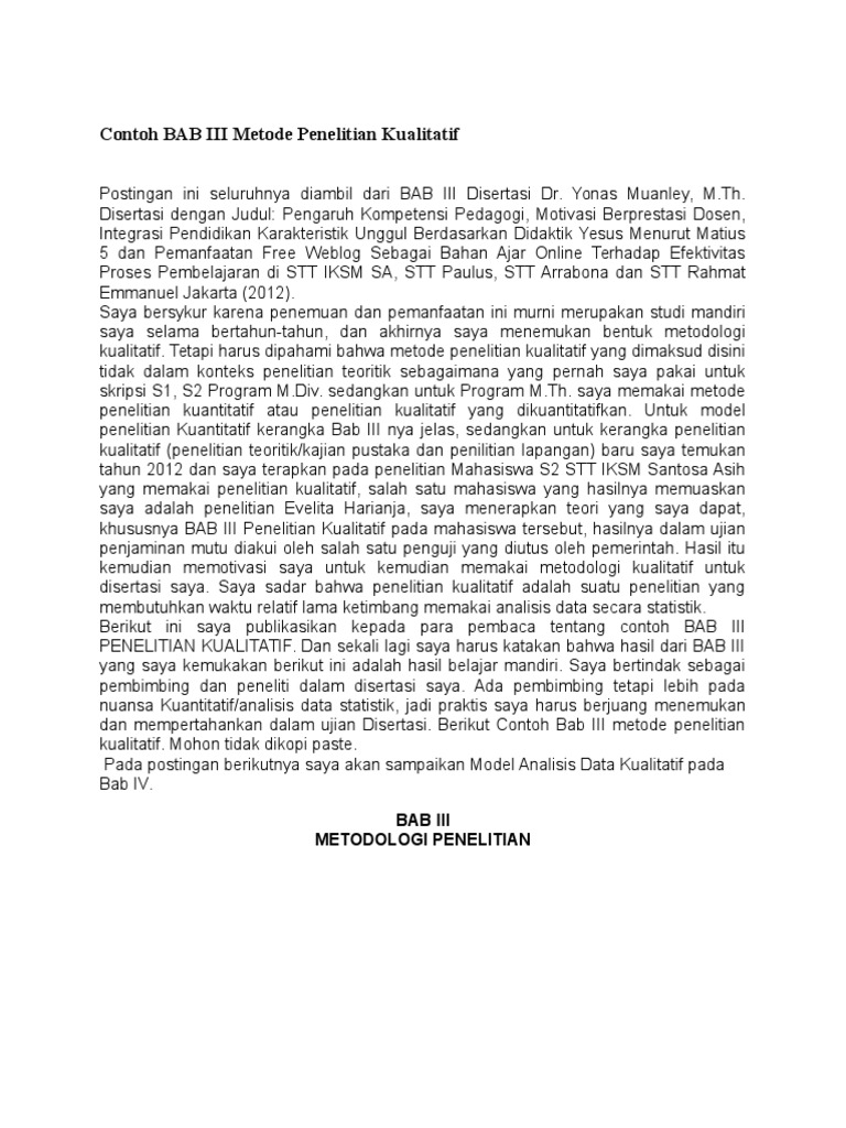 Contoh BAB III Metode Penelitian Kualitatif