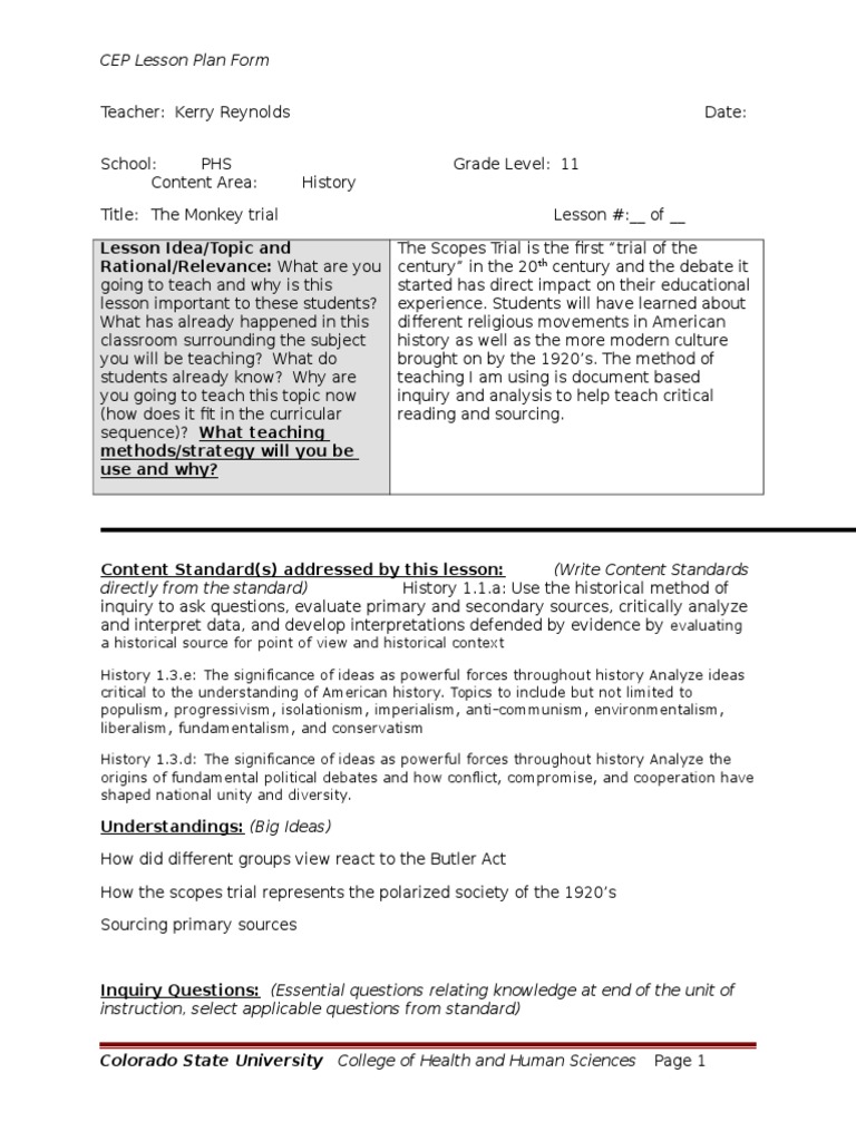 scopes monkey trial lesson plan Lesson Plan Educational Assessment