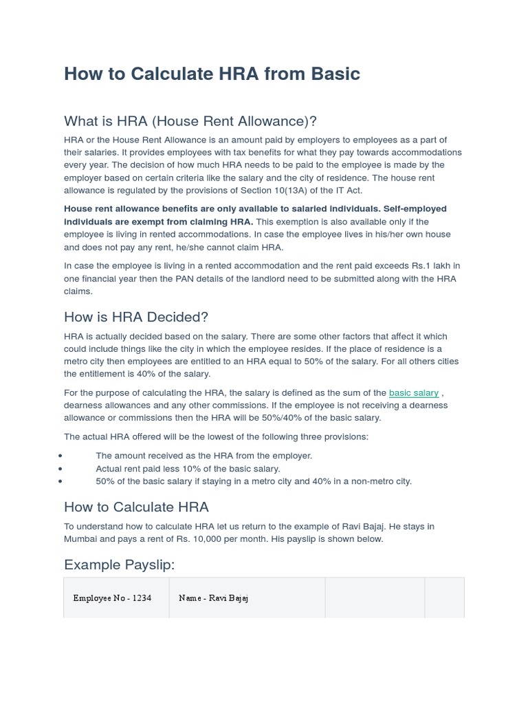 How To Calculate HRA From Basic PDF Salary Renting