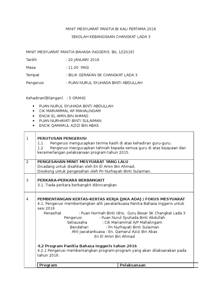 Minit Mesyuarat Panitia Bi Kali Pertama 2016 1 Pdf