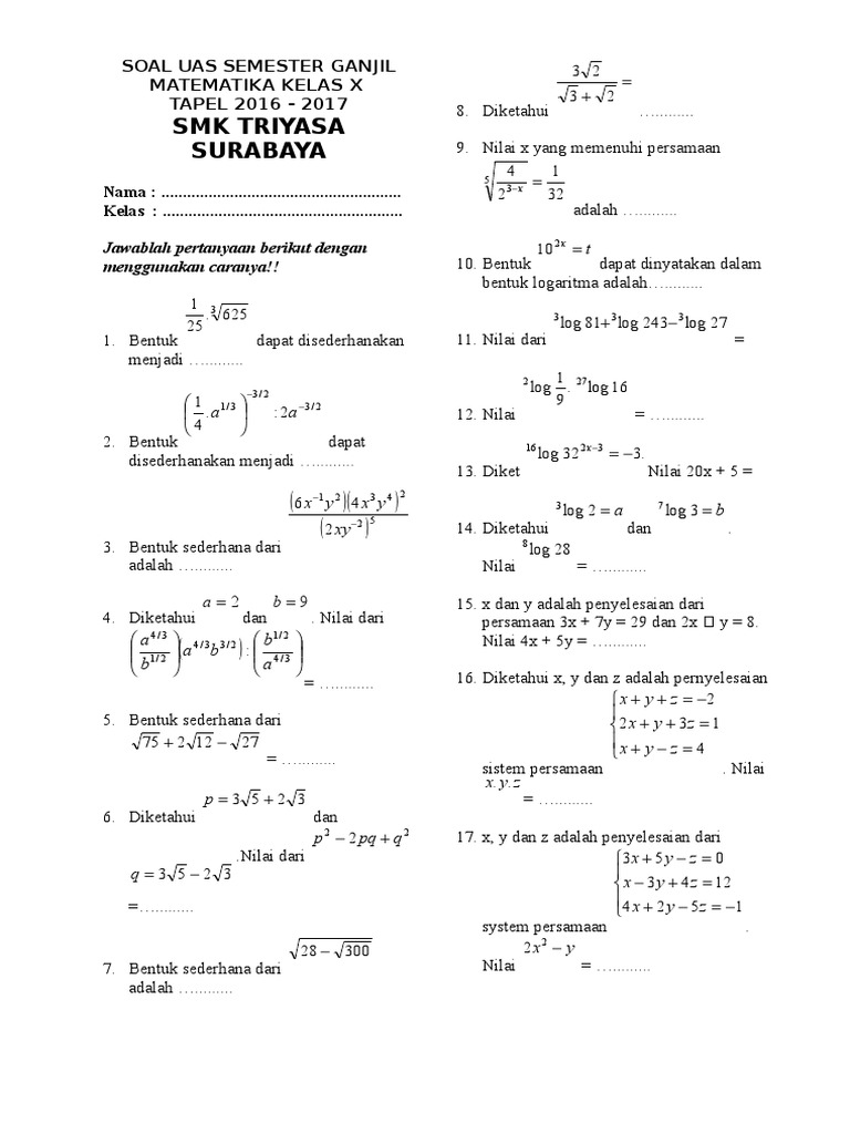 Soal Uas Semester Ganjil Matematika Kelas X