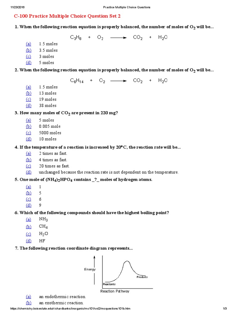 Practice Multiple Choice Questions 2 Chemical Equilibrium Chemical