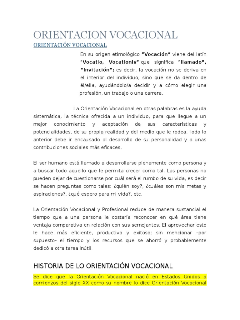 Historia y Importancia de la Orientación Vocacional | PDF | Adultos ...