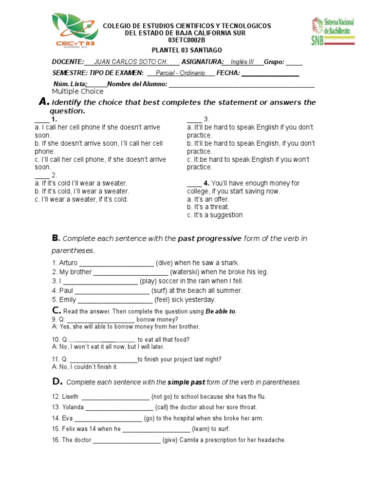 Examen Parcial Inglés III Preparatoria | PDF | Perfect (Grammar) | Rules