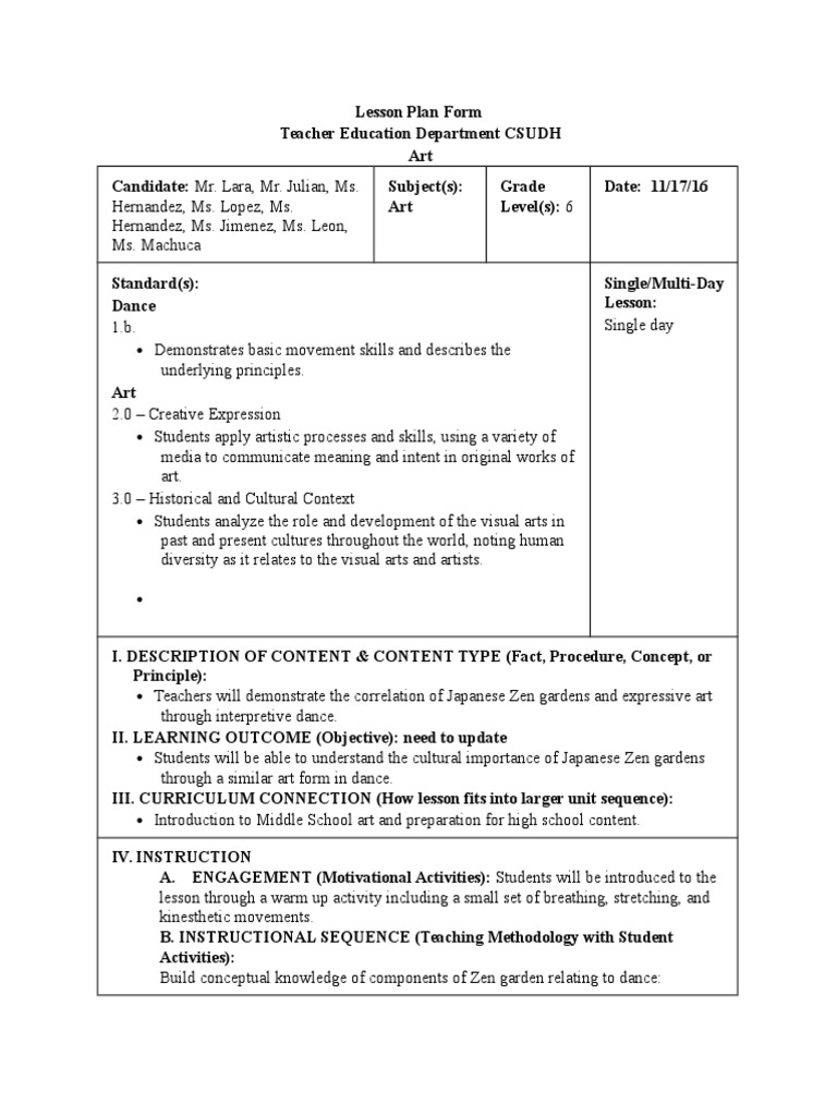 Lesson Plan Form Art Dance Pdf Lesson Plan Dances