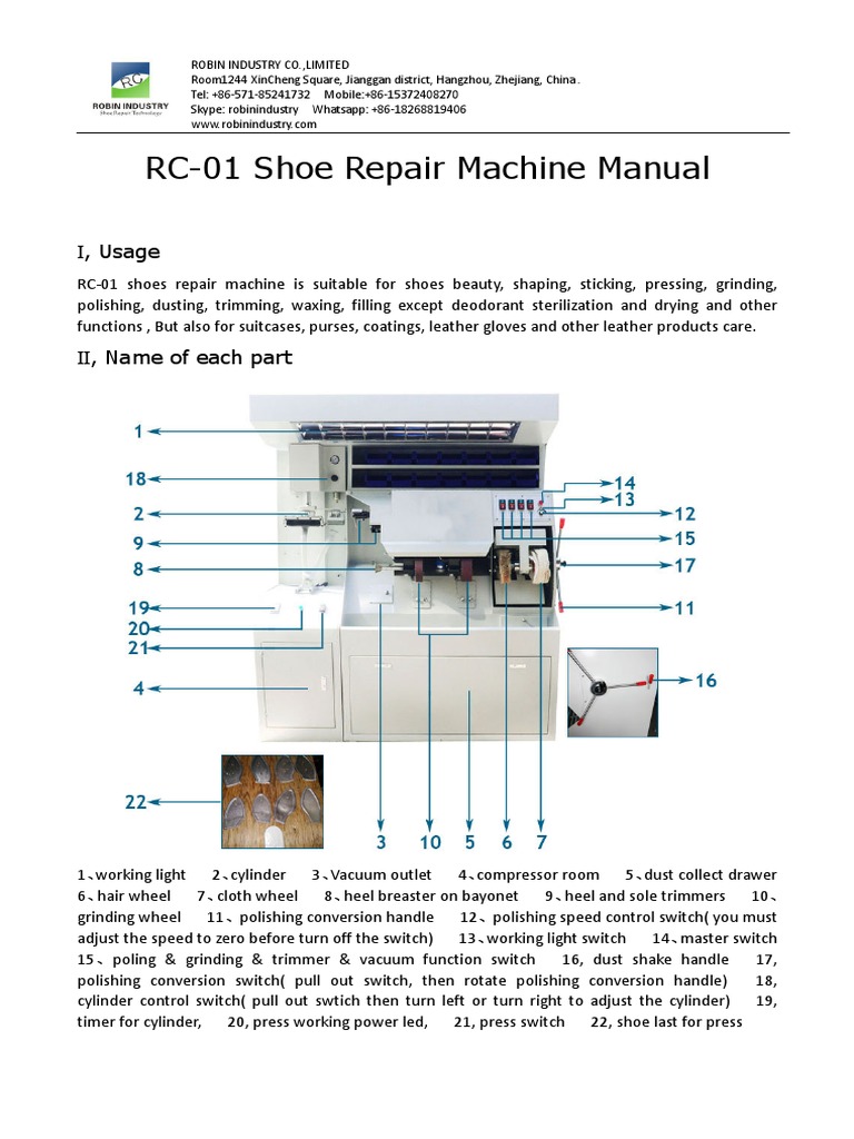 RC-01 Shoe Repair Machine Manual | PDF | Shoe | Electrical Connector