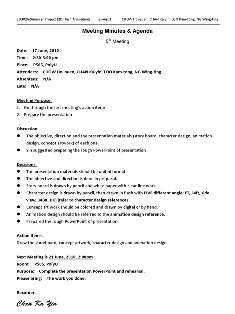 Meeting Minutes for 2D Animation Project | PDF